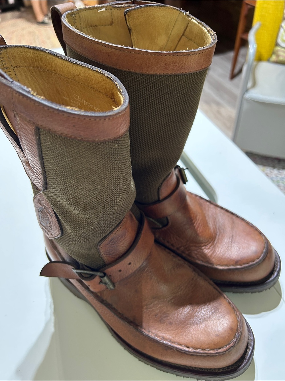 Chippewa Snake Boots Brown / Olive Canvas Leather Boots 6EE